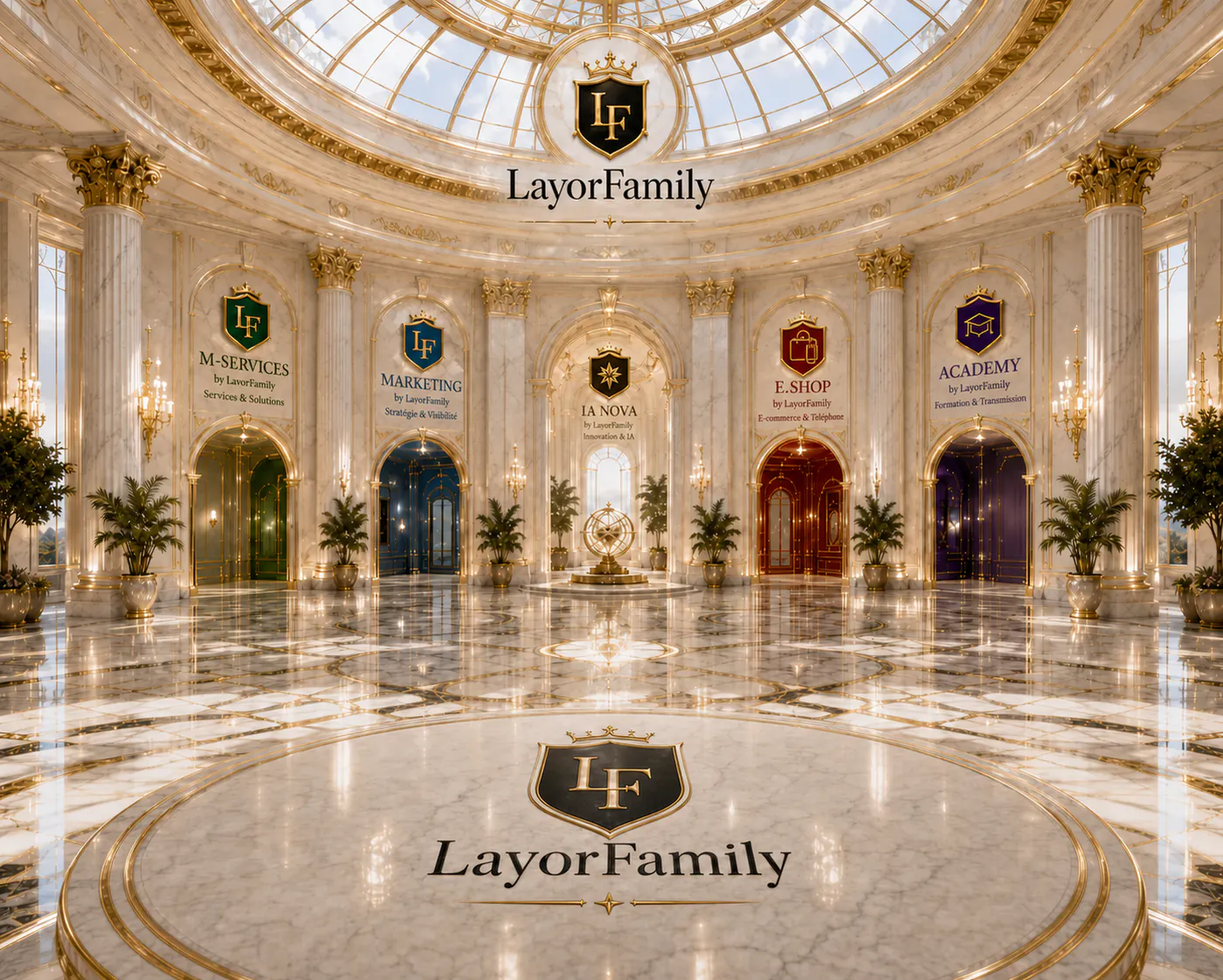 Hall LayorFamily avec cinq entrées : M-Services, Marketing, I.A Nova, E.Shop et Academy